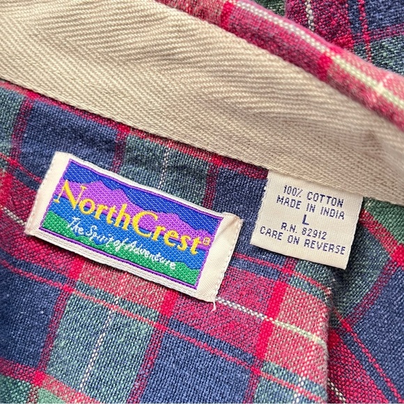 Vintage NorthCrest Plaid Distressed Flannel Mens LARGE Pocket Fall Button Shirt - Picture 7 of 8